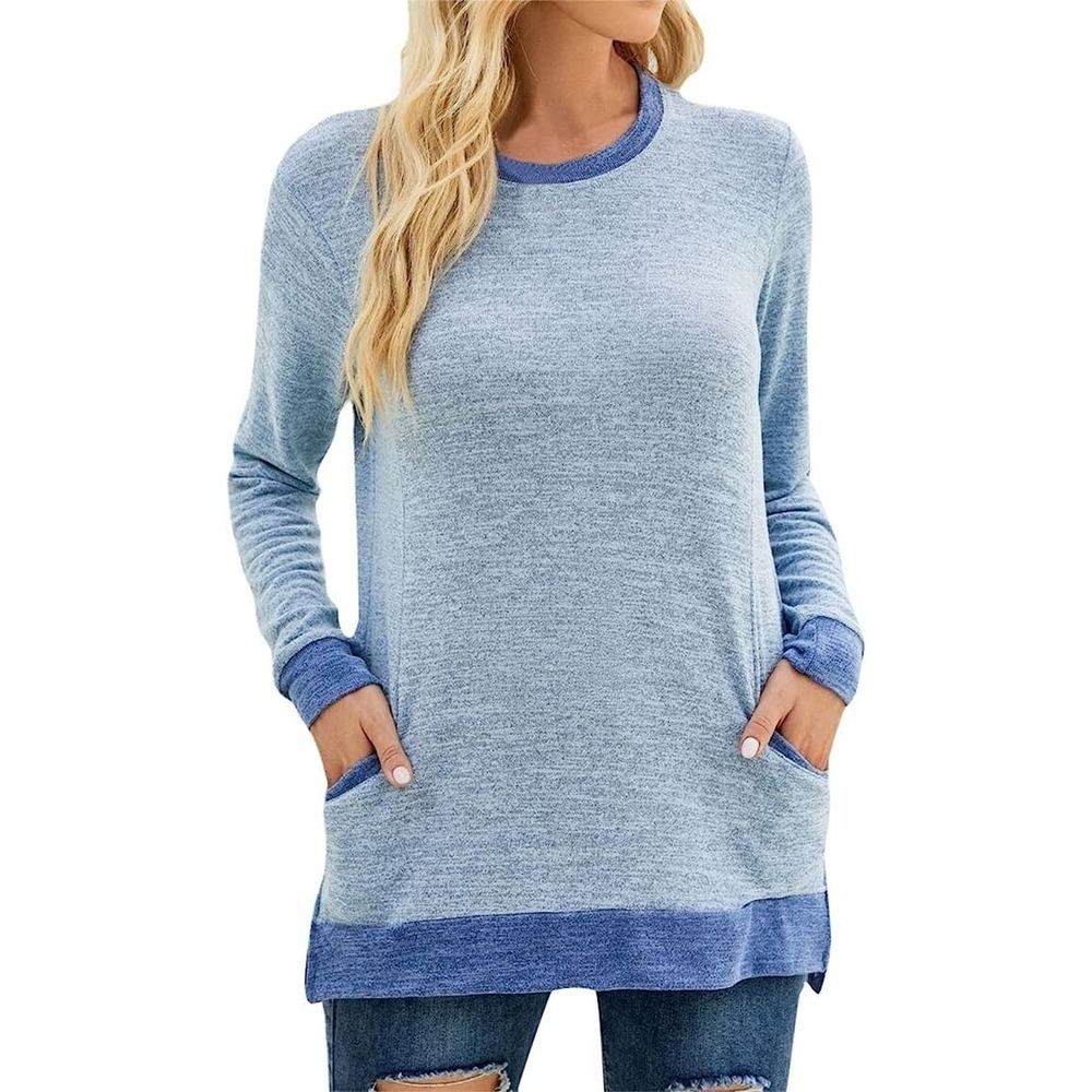 Women's Colorblock Pullover Sweater Size M Long Sleeve Pocket Casual Knit Top
